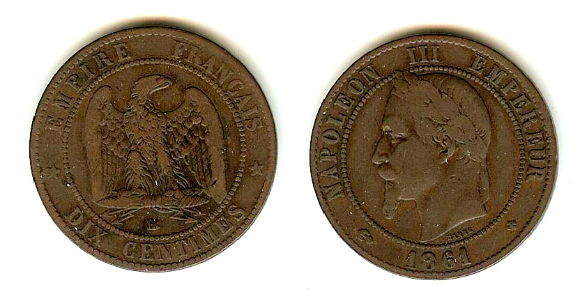 Dix centimes Napoléon III, tête laurée 1861 Strasbourg TB à TB+